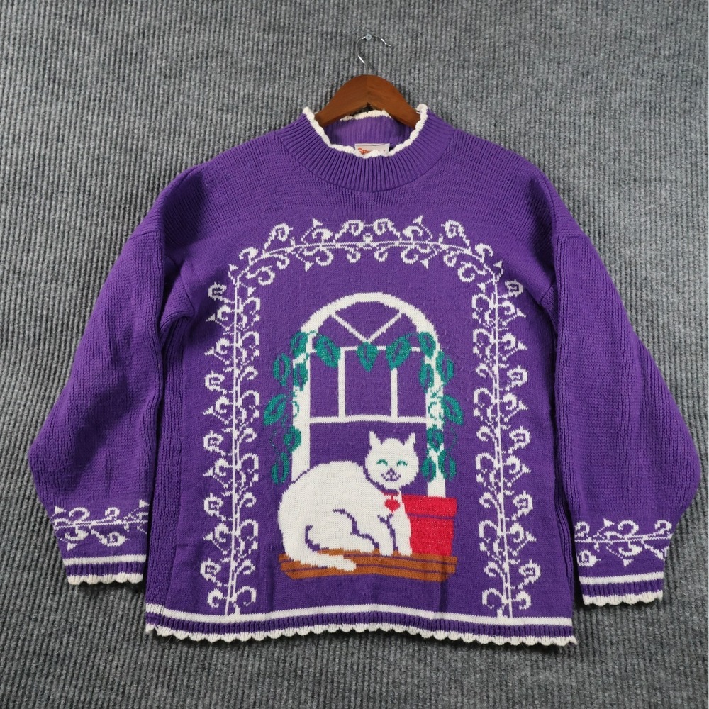 Vintage Spunky Womens Purple‎ Cat Sweater 80s Window Novelty Knit Top Size Large